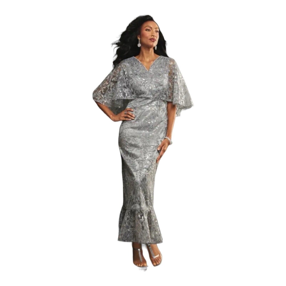 Midnight Velvet Sequin Floral Gray Evening Gown Popover Retro Maxi Cape Dress
